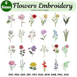 Puede incluir: Una colección de diseños de bordado floral en varios colores, incluyendo rosa, rojo, amarillo y morado. Los diseños varían en tamaño de 2,5 cm a 12,7 cm. La imagen incluye el texto "Flowers Embroidery" y "6 Sizes".