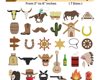 Mais de 30 desenhos de bordado de cowboy – Pacote "Howdy Rodeo Cowboy Cavalo Arma Caveira Corda" - Arquivos de bordado à máquina - Download instantâneo - 6 tamanhos mini
