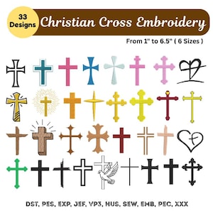 Może przedstawiać: Kolekcja 33 wzorów haftu krzyża chrześcijańskiego w różnych kolorach i stylach. Wzory mają od 2,5 cm do 16,5 cm. Obraz zawiera tekst "Christian Cross Embroidery" i "33 Designs".