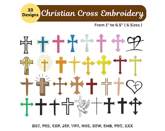 Disegni da ricamo con croce cristiana, pacchetto di ricami a macchina con croce - 7 misure, download immediato, file Pes Dst Exp VP3, ricamo con set di croci