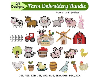 Disegni da ricamo per fattoria, oltre 20 animali da fattoria ricamati a macchina, simpatici animali da fattoria, 6 misure, download immediato, file da ricamo