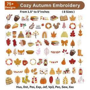 Peut inclure: Une collection numérique de plus de 75 motifs de broderie Cozy Autumn en 8 tailles de 3,81 cm à 12,7 cm. L'ensemble comprend des icônes de citrouilles, feuilles, écureuils, pulls, livres, lanternes et tasses. Formats : Hus, Dst, Pes, Exp, Jef, Vp3, Pec, Sew, Xxx.