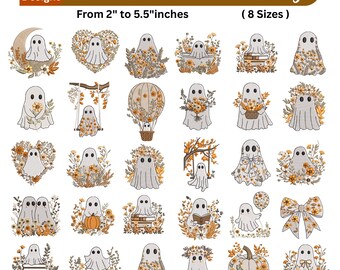 Desenhos de Bordado de Fantasmas Assustadores para o Outono - 27 Padrões de Bordado à Máquina com Flores e Fantasmas para o Halloween - Download Instantâneo - 8 Tamanhos - Arquivos PES, DST e EXP