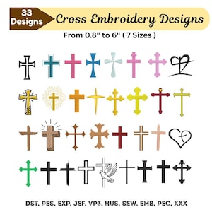 Puede incluir: Una colección de 33 diseños de bordado de cruces en varios colores y estilos, que van desde 2 cm hasta 15 cm de tamaño. La imagen incluye el texto "Cross Embroidery Designs" y "33 Designs". Los diseños están disponibles en 7 tamaños.