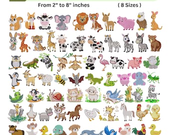 90 desenhos de bordado de animais da selva - Pacote de bordados à máquina com animais - 8 tamanhos - Download instantâneo - Animais da savana - Arquivos PES, DST e EXP