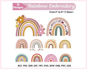 Ricamo arcobaleno floreale Boho - Set di 10 graziosi disegni Arcobaleni Ricamo a macchina - Download immediato (7 dimensioni) - File Pes Dst Exp Jef Hus Pec