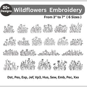 May include: A collection of wildflower embroidery designs in black and white. The image includes the text "20+ Designs Wildflowers Embroidery" and "From 3" to 7" (6 Sizes)". The designs vary in style and size, suitable for various embroidery projects.