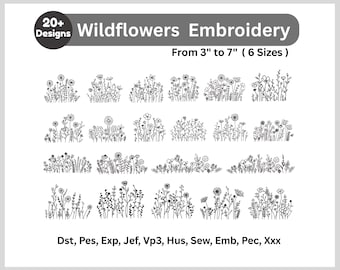 Disegni da ricamo di fiori di campo - Oltre 20 fiori di prato ricamati a macchina - Fiori di contorno - Download immediato - 6 dimensioni - Ricamo floreale