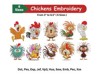 Ricamo di polli pazzi, 10 divertenti uccellini da ricamo a macchina, download immediato (6 dimensioni) file Pes Dst Exp Jef, ricamo digitale