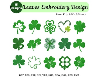Disegni da ricamo a forma di trifoglio, ricamo a forma di quadrifoglio per San Patrizio, 6 misure, download immediato, file Pes Dst Exp, ricamo a macchina