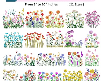 Desenhos de Bordado à Máquina de Prado de Flores Silvestres - 20 Arquivos de Bordado Floral - Flores Silvestres Boho Cottagecore - 11 Tamanhos - Download Instantâneo