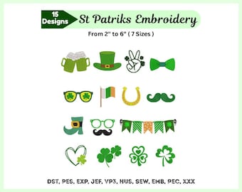 Disegno per ricamo di San Patrizio - Set da 15 ricami con trifoglio e motivo irlandese portafortuna - Disegno per ricamo a macchina - 7 dimensioni - File scaricabile immediatamente