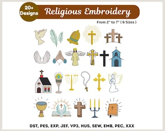 Disegni da ricamo religiosi, ricami per battesimo con croci e colombe della Bibbia, oltre 20 set di ricami cristiani, file per ricamo a macchina, download istantaneo