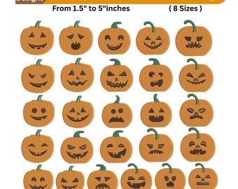 Bordado de Abóboras de Halloween - 26 Arquivos de Bordado à Máquina com Rostos de Abóbora - Bordado de Abóbora de Halloween - Download Instantâneo - 8 Tamanhos