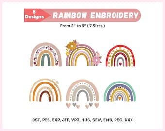 Set da ricamo Boho Rainbow, pacchetto di cuori arcobaleno floreali, file per ricamo a macchina, download immediato, (7 misure) Pes Dst Exp Jef Hus Sew Pec