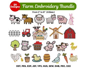 Disegni da ricamo di animali da fattoria, 24 graziosi mini ricami a macchina per fattoria, pacchetto di animali da fattoria, download immediato, 6 dimensioni, file PES DST Exp