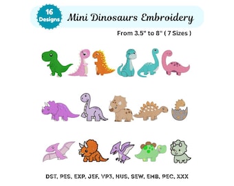 Pacchetto Ricamo Mini Dinosauri - Set di 16 simpatici dinosauri cuccioli - Disegni per ricamo a macchina - 7 dimensioni - Download immediato - File Pes Dst Exp