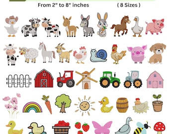 50 Desenhos de Bordado de Animais de Fazenda - Pacote com 50 Animais de Fazenda - Bordado à Máquina - Miniaturas em 8 Tamanhos - Download Instantâneo - Arquivos PES, DST, EXP e JEF