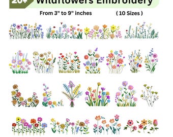 Conjunto de 23 Bordados Florais à Máquina com Tema de Flores Silvestres - Estilo Boho Campestre - 10 Tamanhos - Download Instantâneo