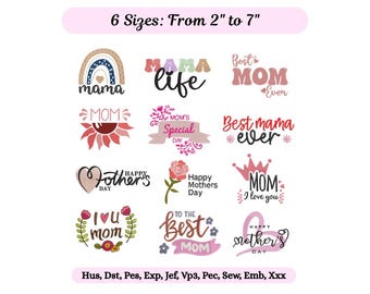 Set of 12 Mama Embroidery Designs - Mothers Day Machine Embroidery Bundle - 6 Sizes - Instant Download File
