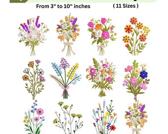 Conjunto de Bordados Buquês de Flores Silvestres - Pacote de Desenhos de Buquês Florais - Bordado à Máquina - 11 Tamanhos - Download Instantâneo - Padrões de Flores