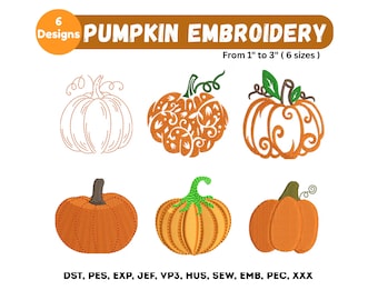Disegni da ricamo di zucche, 6 ricami a macchina di zucche autunnali, ricami autunnali, download immediato, 5 misure, file Pes Dst Exp Vp3