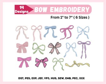 Set di disegni per ricamo di fiocchi - Mini ricamo di fiocchi - Pacchetto di disegni per ricamo a macchina con fiocco e nastro - File per download immediato - 6 dimensioni