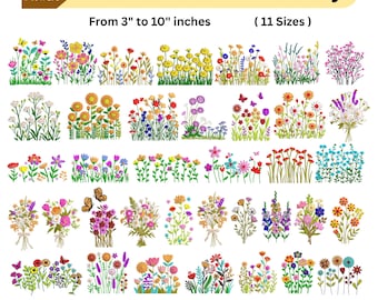 Pacote com mais de 30 bordados de flores silvestres - Desenhos florais - Bordado à máquina - Flores silvestres estilo boho cottage - 11 tamanhos - Download instantâneo