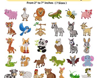 Pacote de Desenhos de Bordado de Animais da Selva - 32 Animais para Bordar à Máquina - 8 Tamanhos - Download Instantâneo - Animais da Safári - Bordado Infantil