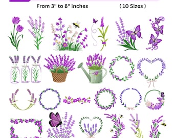 Desenhos de Bordado Floral Lavanda - 23 Arquivos de Bordado à Máquina com Flores - Pacote com Buquê de Borboletas, Flores Silvestres e Coroa de Corações (Download Digital)