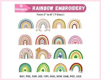 Ricamo Boho Rainbows - Pacchetto di 16 graziosi disegni da ricamo arcobaleno - Set di arcobaleni floreali - 7 misure - Download immediato - File Pes Dst Exp Jef