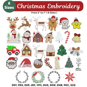 May include: A collection of Christmas embroidery designs, including reindeer, snowmen, houses, and Santa Claus. The designs range from 1 to 7 inches in size and feature various festive elements. The image also includes the text "Christmas Embroidery" and "Merry Christmas".