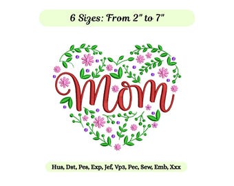 Floral Heart MAMA Embroidery Design – Machine Embroider Pattern (Instant Download) 6 Sizes