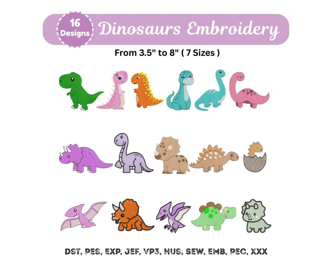 16 Dinosaurs Embroidery Design Bundle - Mini Baby Dinosaurs Animal ...