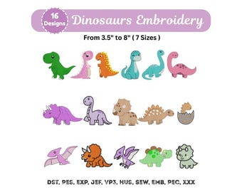 Pacchetto di 16 disegni per ricamo di dinosauri - Mini dinosauri cuccioli da ricamare a macchina - 7 misure - Download immediato - File Pes Dst Exp Jef