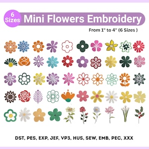 Puede incluir: Una colección de diseños de bordado de mini flores coloridas en varios estilos. La imagen incluye el texto "Mini Flowers Embroidery" y "From 1" to 4" (6 Sizes)". Los diseños son de una variedad de colores y formas.