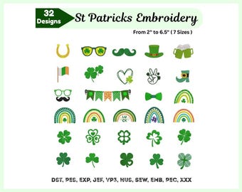 Disegno da ricamo per il giorno di San Patrizio - Set da 32 ricami - Pacchetto bandiera trifoglio e bandiera irlandese portafortuna - File per ricamo a macchina - 7 dimensioni - Download immediato