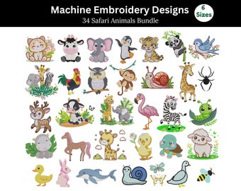Ricamo di animali del safari - Oltre 30 disegni per ricamo a macchina di cuccioli di animali della giungla - Pacchetto di set di animali - Download immediato - File Pes Dst Exp Juf