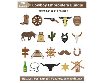 Set di mini disegni da ricamo da cowboy - 20 disegni da ricamo a macchina da cowboy - Toro, cavallo, cappello, pistola, sceriffo - Pacchetto di disegni - 6 dimensioni (file scaricabile immediatamente)