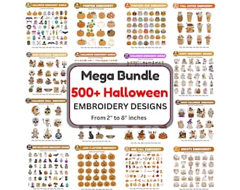 Pacote Mega de Bordados de Halloween, mais de 500 desenhos para a temporada de outono - Arquivos de Bordado à Máquina - Fantasmas Assustadores e Abóboras - Download Digital