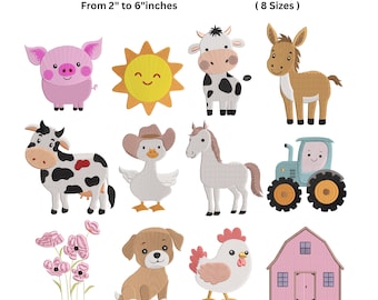 Miniaturas de Animais da Fazenda para Bordar - 12 Arquivos de Bordado à Máquina com Animais Fofos da Fazenda - Download Instantâneo - 7 Tamanhos - Arquivos PES, DST, EXP e JEF
