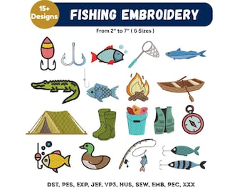 Set di ricami da pesca, disegni da ricamo per macchine da pesca all'aperto, 22 ricami da campeggio con pesci, download immediato, file Pes Dst Exp Jef Hus