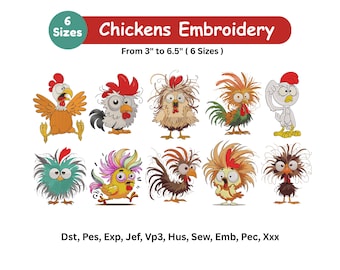 Ricamo di galline pazze - 10 divertenti disegni di galline pazze - Ricamo a macchina - Download immediato - 6 misure - Modello di ricamo di uccelli pazzi