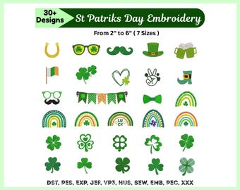 Disegno per ricamo di San Patrizio - Trifoglio portafortuna irlandese 32 set di ricamo - File di disegno per ricamo a macchina - 7 dimensioni - Download immediato