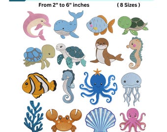 16 desenhos de bordado de animais marinhos - golfinho, caranguejo, concha, polvo e peixe - Arquivos de bordado à máquina - 8 tamanhos - Download instantâneo