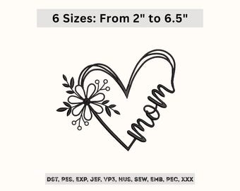 Mon Flower Heart Embroidery – Mothers Day Designs Machine Embroidery Pattern (Instant Download) 6 Sizes