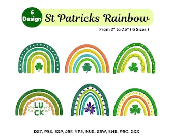 Ricamo arcobaleno per San Patrizio, ricamo trifoglio, grazioso disegno per ricamo a macchina arcobaleno, 7 misure, download immediato - file Pes Dst Exp