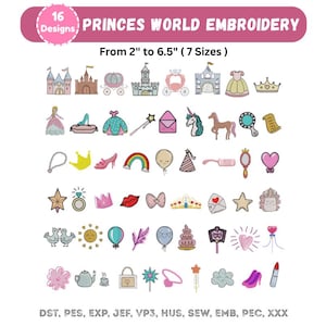Prinzen Geburtstag Stickmotive Stickmotive - 53 Girly Magic World Set Stickerei - Puppe Einhorn Krone Regenbogen Schloss Design - Instant Download File