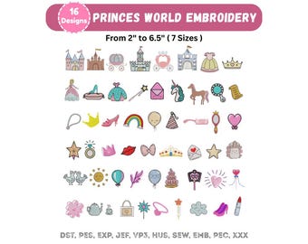 Disegni da ricamo per il compleanno dei principi - 53 set di ricami per ragazze con mondo magico - Corona di unicorno per bambole, design del castello arcobaleno - File con download immediato