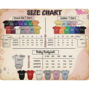 May include: Size chart for unisex kid t-shirts, toddler t-shirts, and baby bodysuits. Includes measurements for width, length, and sleeve length in inches. Available sizes range from XS to XL for kids, 2T to 5-6T for toddlers, and 0-3M to 24M for babies.